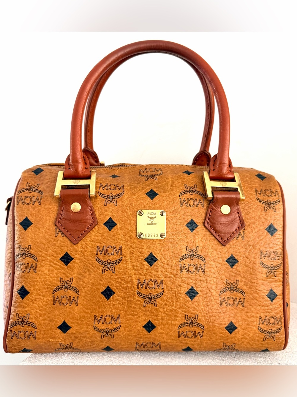 MCM Cognac Visetos Monogram Satchel with Gold Hardware